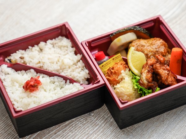 手ごねハンバーグと唐揚げ二種しゅうまい二段弁当