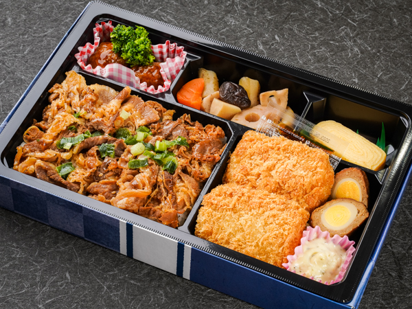 カルビ焼肉と海老カツ弁当