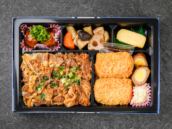 カルビ焼肉と海老カツ弁当