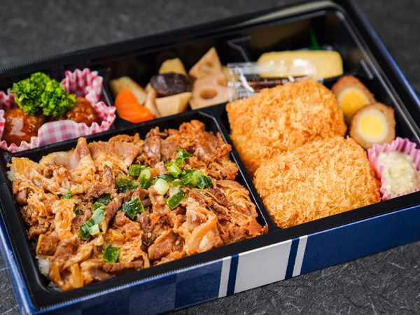 カルビ焼肉と海老カツ弁当